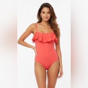 Laundry By Shelli Segal Red Pink Ruffle Detail One Piece Bathing Suit Sz XL!